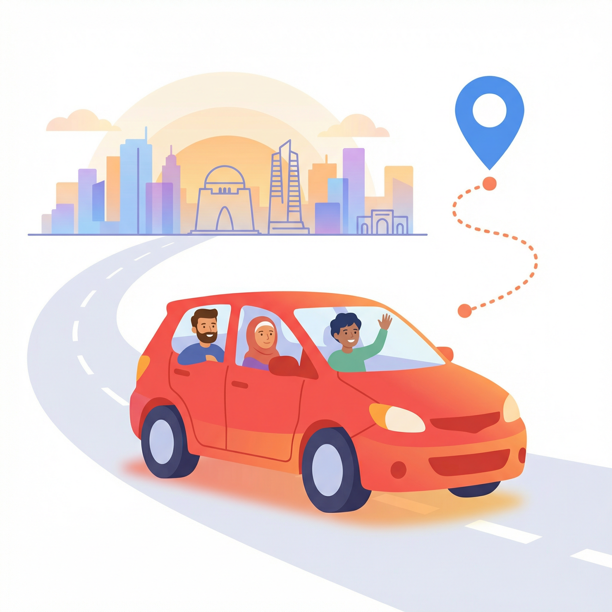 Carpooling car with passengers driving through Karachi