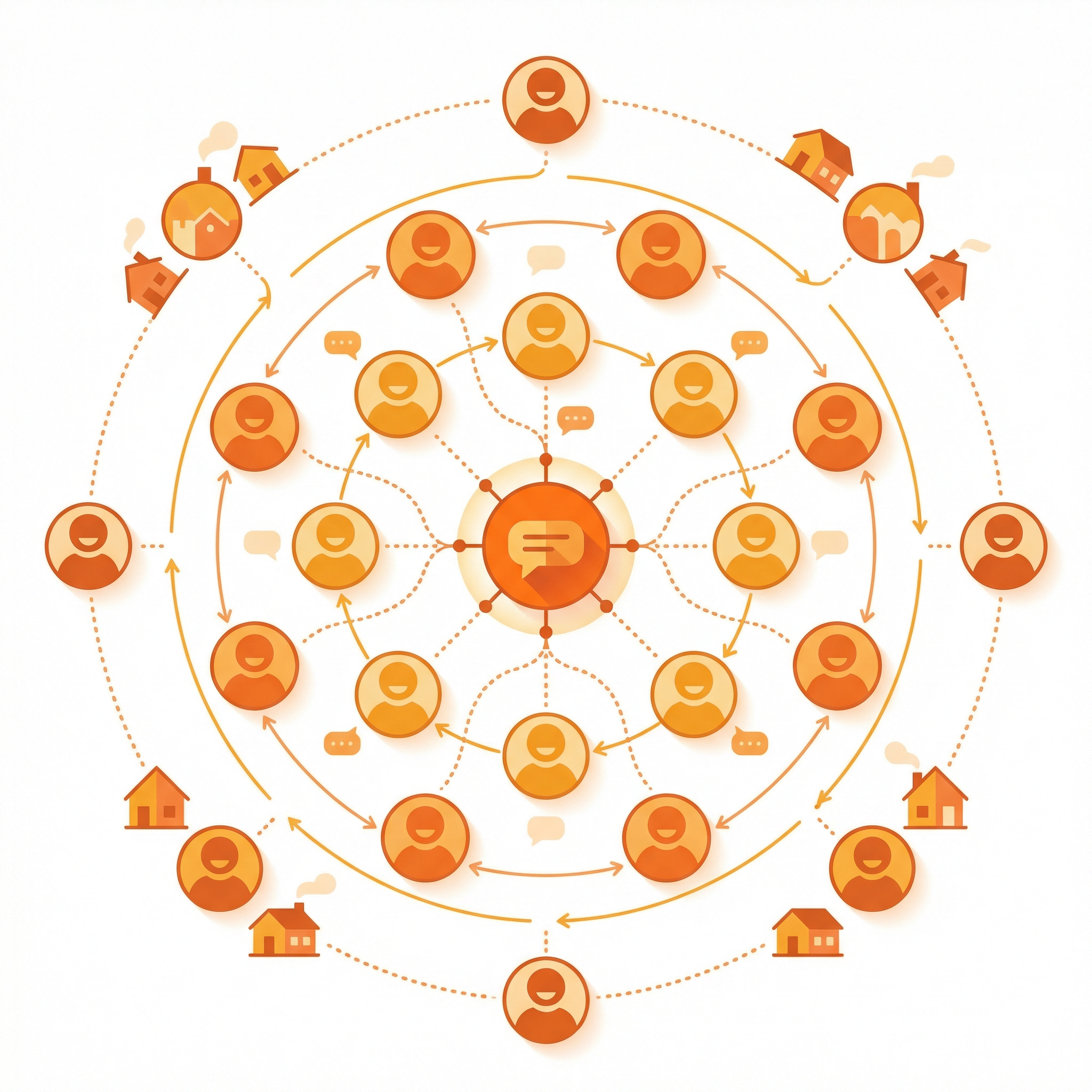 Community network growth illustration showing people connecting across neighborhoods