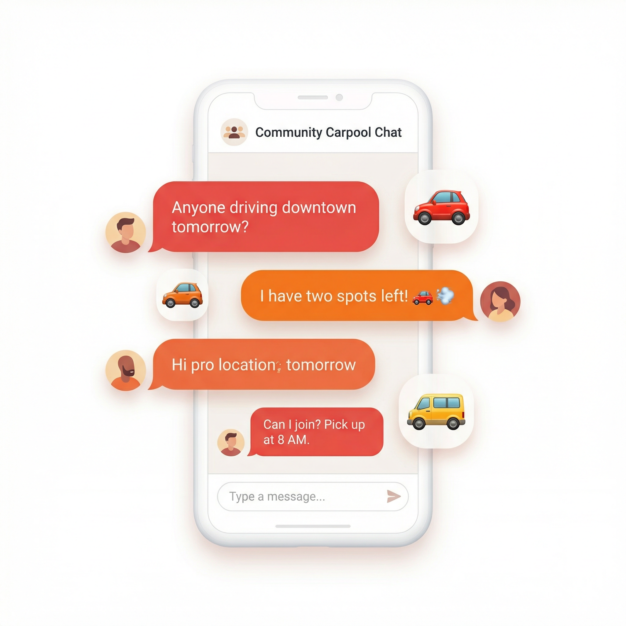 WhatsApp group chat illustration showing a carpooling community conversation